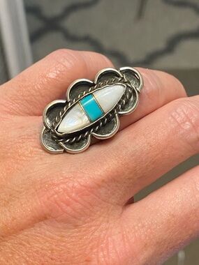 Vintage Sterling Silver Native American Turquoise Inlay Ring Size 6
